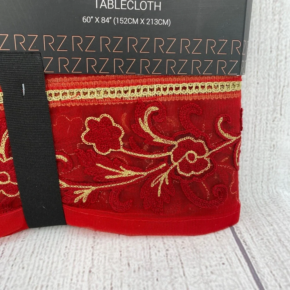 Rachel Zoe Tablecloth 60x84 Red Gold Floral Embroidered Oblong Sheer Luxury